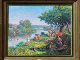 an oil painting of a group of people sitting on the bank of a river
