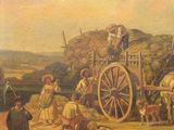 painting of a group of men and women loading hay onto a wagon