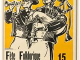 une vieille affiche présentant un groupe de musiciens sur un fond jaune et noir