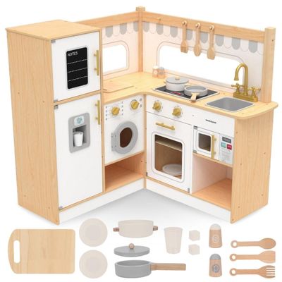 une cuisine jouet en bois avec un évier, une cuisinière, un lave-vaisselle et des ustensiles