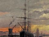 a painting of a ship in the water with a sunset in the background