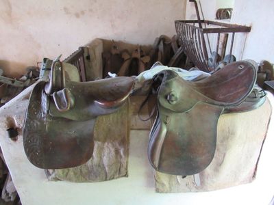 two saddles that are sitting on top of a table