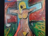 une peinture à l'huile représentant une femme avec une croix sur fond noir