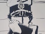 drawing of a man with a hat on his head holding a tray of food
