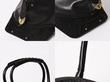 two photos of a black purse and a black purse with gold hardware