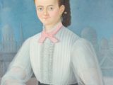 portrait d'une jeune fille vêtue d'un chemisier blanc et d'une jupe bleue