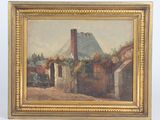 un vieux tableau représentant une scène de village avec un cheval et une calèche
