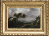 a painting of a landscape with a river and a man on a horse
