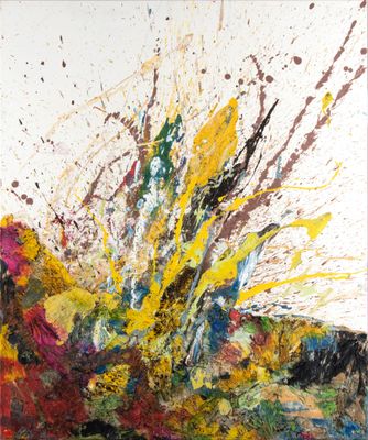 an abstract painting of a bunch of paint splatters on a white background