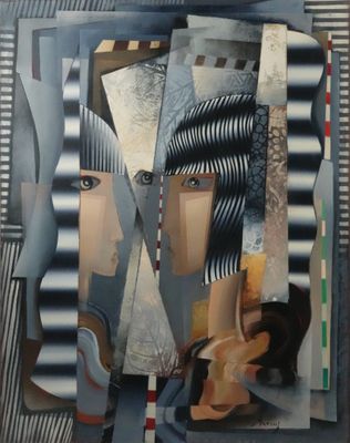 peinture abstraite représentant une femme tenant un couteau et une fourchette à la main