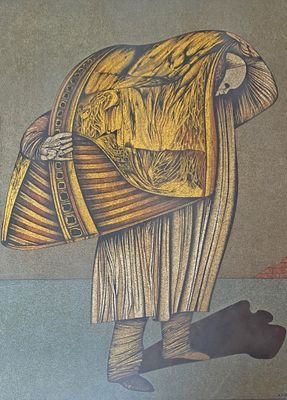 un tableau représentant un homme portant un panier sur le dos