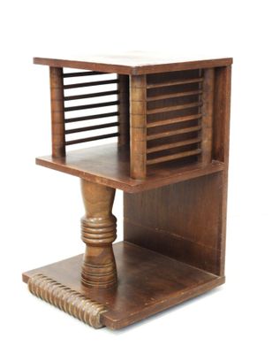 a wooden table with a shelf on top of it