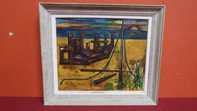 a painting of a boat on the beach next to a red wall