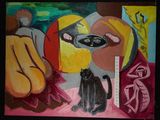 tableau représentant un chat noir assis devant un tableau représentant une femme et un chat