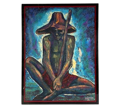 tableau représentant un homme assis par terre, un bâton à la main