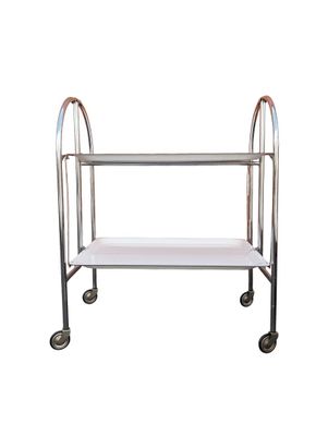 a silver metal trolley with a white seat and wheels