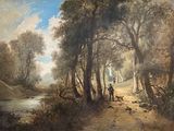 a painting of a man riding a horse in a wooded area