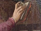 painting of a woman cleaning a table with a cloth and a sponge