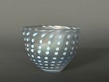 a white and blue bowl with polka dots on it