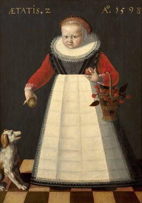 portrait of a young girl with a basket of flowers and a dog