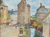 an oil painting of a street scene with buildings and a river