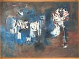 a painting on the wall of a room with a vase of flowers in it
