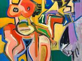 peinture abstraite représentant un homme et une femme assis sur un canapé