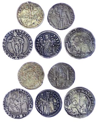 six different types of silver coins are shown on a white surface