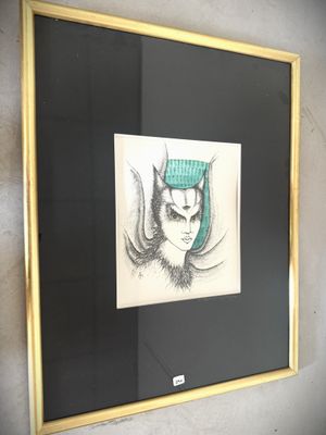 framed drawing of a cat with a green hat on it ' s head