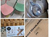 four different pictures of different chairs and a table in a store