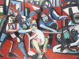 peinture abstraite représentant un groupe de personnes jouant d'un instrument dans une pièce