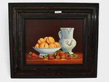 a painting of a bowl of oranges and a pitcher on a table