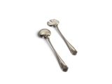 two silver spoons and a fork on a white surface