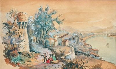 Ecole XIXème Vue animée Aquarelle et gouache sur papier, por…