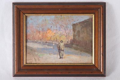 an oil painting of a man walking down a street with a dog