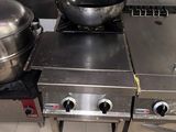une plaque de cuisson en acier inoxydable sur laquelle sont posées deux casseroles, dans une cuisine professionnelle