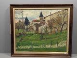 une peinture à l'huile représentant une église sur une colline avec des arbres au premier plan