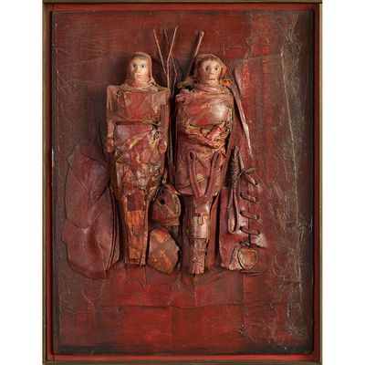 an image of a wooden sculpture of two women and a child