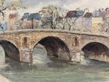 une peinture représentant un pont au-dessus d'une rivière avec des bâtiments à l'arrière-plan