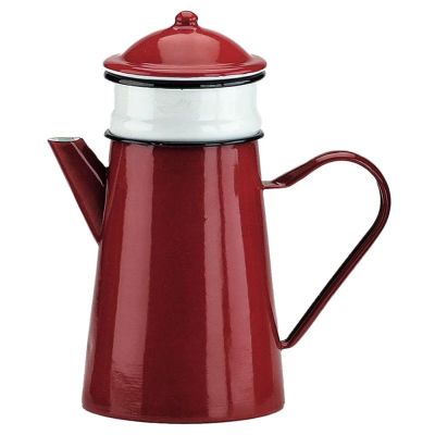 cafetière en émail rouge avec un couvercle blanc et un rebord noir