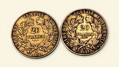 2 pièces de 20 Francs en or République Française L. Merley F…