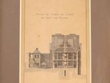 un vieux dessin représentant un bâtiment avec une horloge sur sa façade