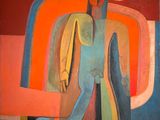 peinture abstraite représentant un homme tenant un couteau dans sa main droite