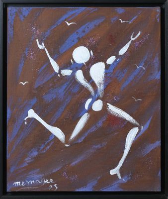 painting of a man running with birds flying around him