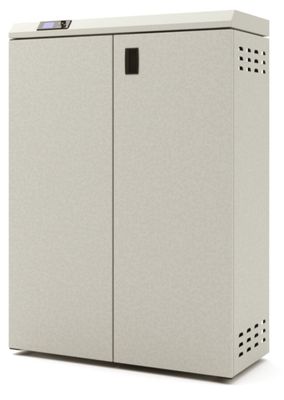 a close up of a metal cabinet with a door open