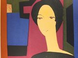 painting of a woman in a black dress in a colorful room