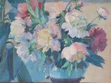 une peinture représentant un vase de fleurs sur une table