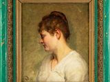 portrait d'une femme en robe blanche dans un cadre vert