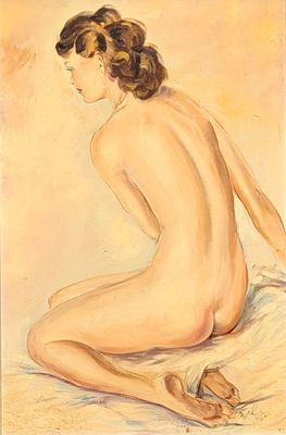 a painting of a nude woman sitting on a bed with her legs crossed