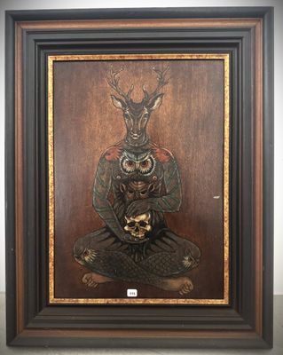 a painting of a man sitting in a lotus position with a deer on his head